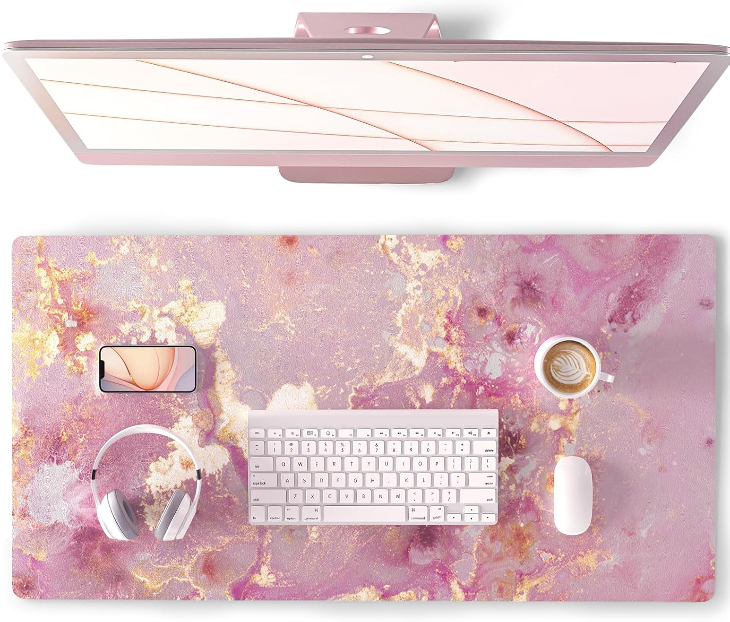 Large Mouse Pad, Cute Pink Desk Mat for Desktop, Women Girls PU Leather Desk Pad Waterproof Gaming Mousepad, Rose Gold Marble Computer Protector Writing Pad for School Office Home 31.5" X 15.7"